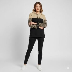 Leopard Sleeve Two-Tone Hoodie Sweater